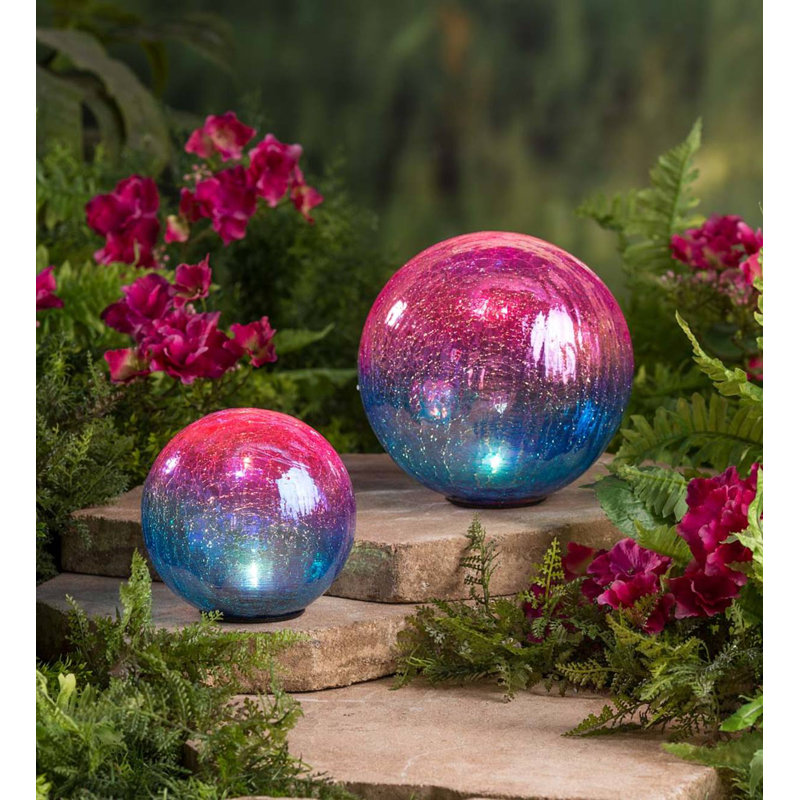 Plow & Hearth Solar Iridescent Crackle Glass Garden 2 Piece Gazing Ball
